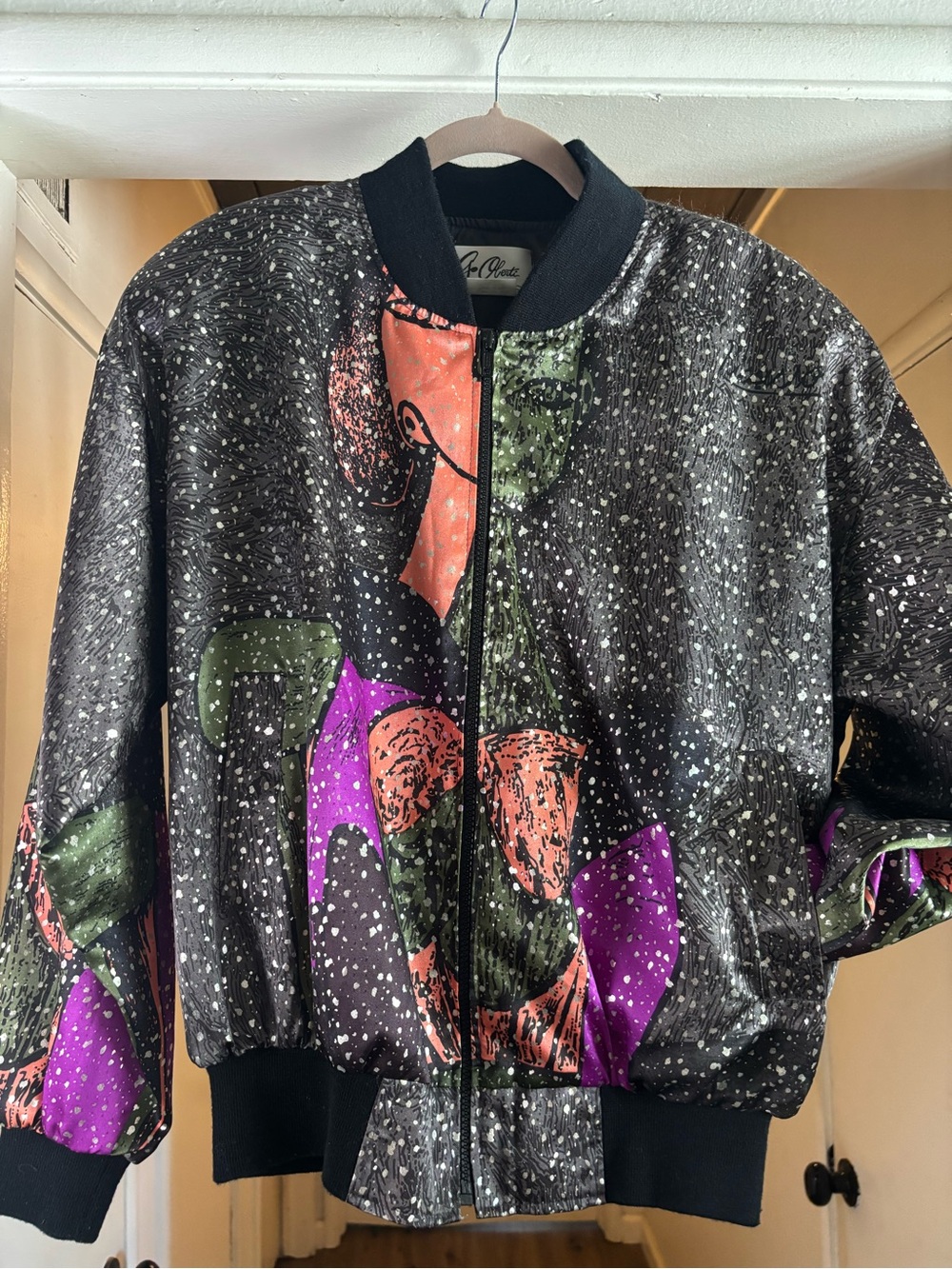 Womens Black Speckled Bomber Jacket with Purple & Green Accents